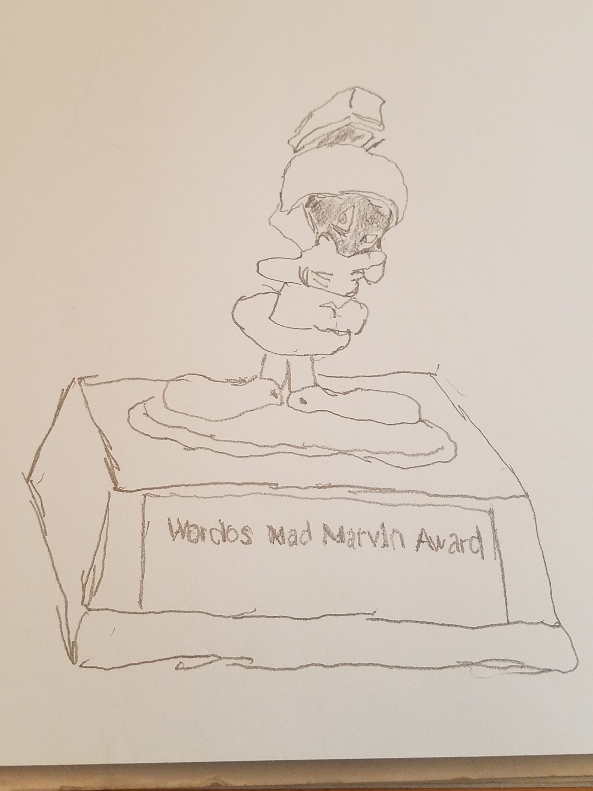 Sketch of a Marvin the Martian(tm) toy on an award stand